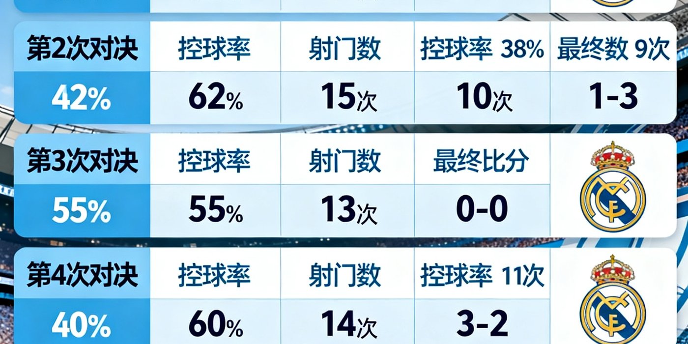 一张信息图表详细展示了曼城和皇家马德里过去五次欧冠对决的控球率射门数和最终比分对比数据